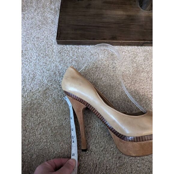 L.A.M.B platform peep toe stilettos sz 7 tan and gold leather euc - Picture 5 of 6